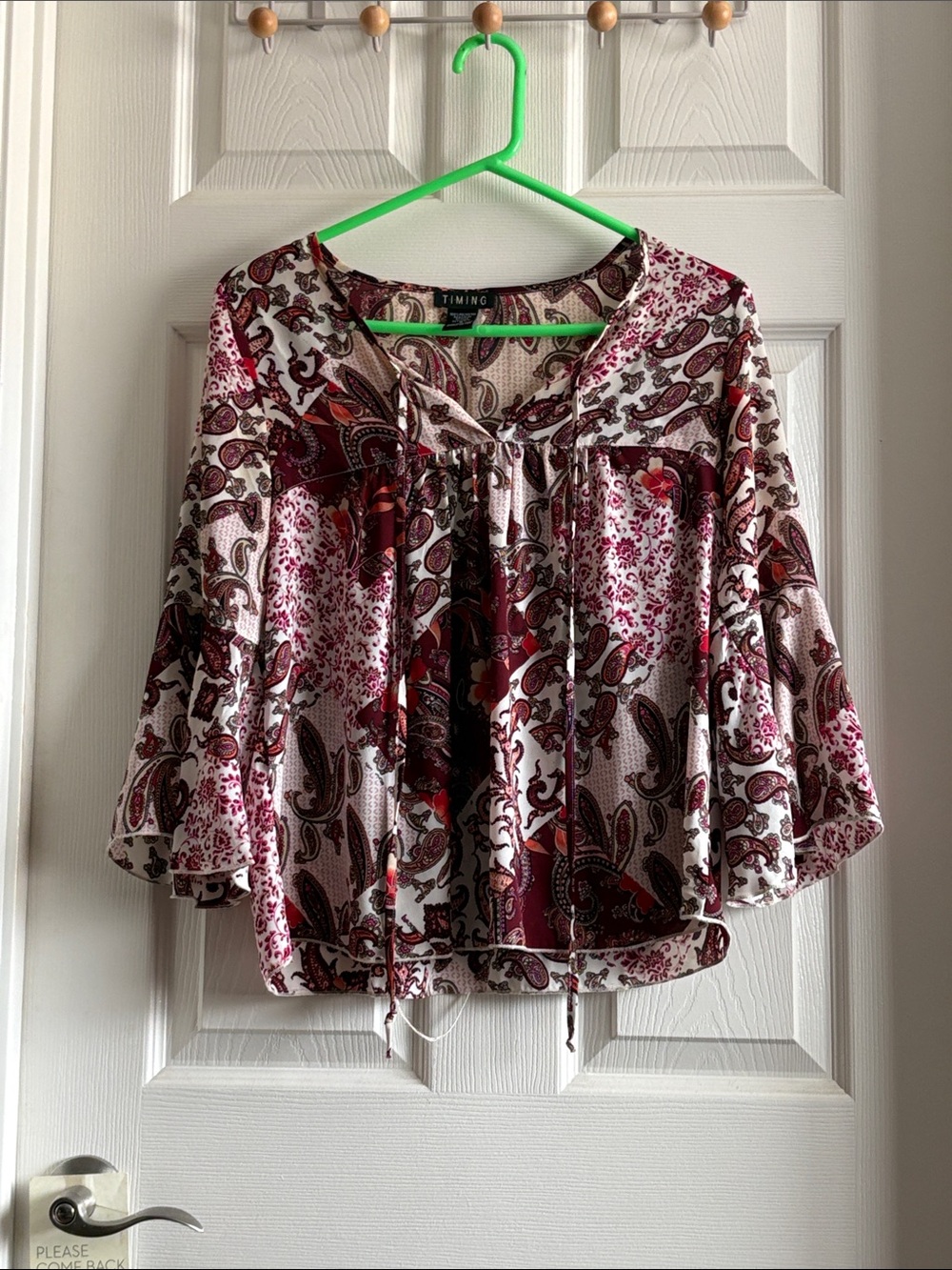 Timing Burgundy Paisley Tie-Front Peasant Blouse